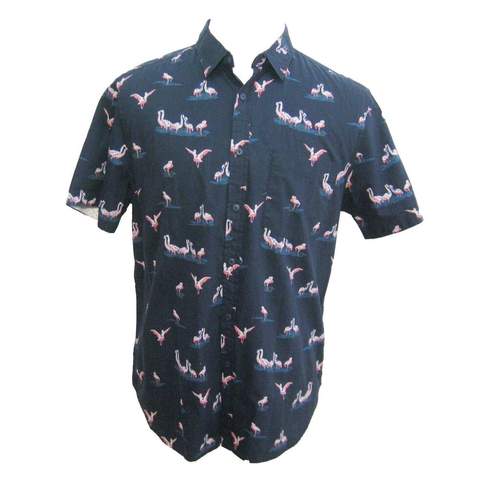 Denim & Flower Men's (Large) Blue Pink Flamingo Short Sleeve Button Front Shirt